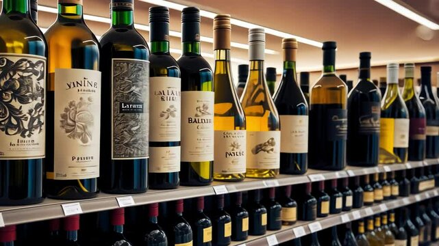 A vibrant display of wine bottles in a store, highlighting the diversity of labels and inviting exploration of flavors