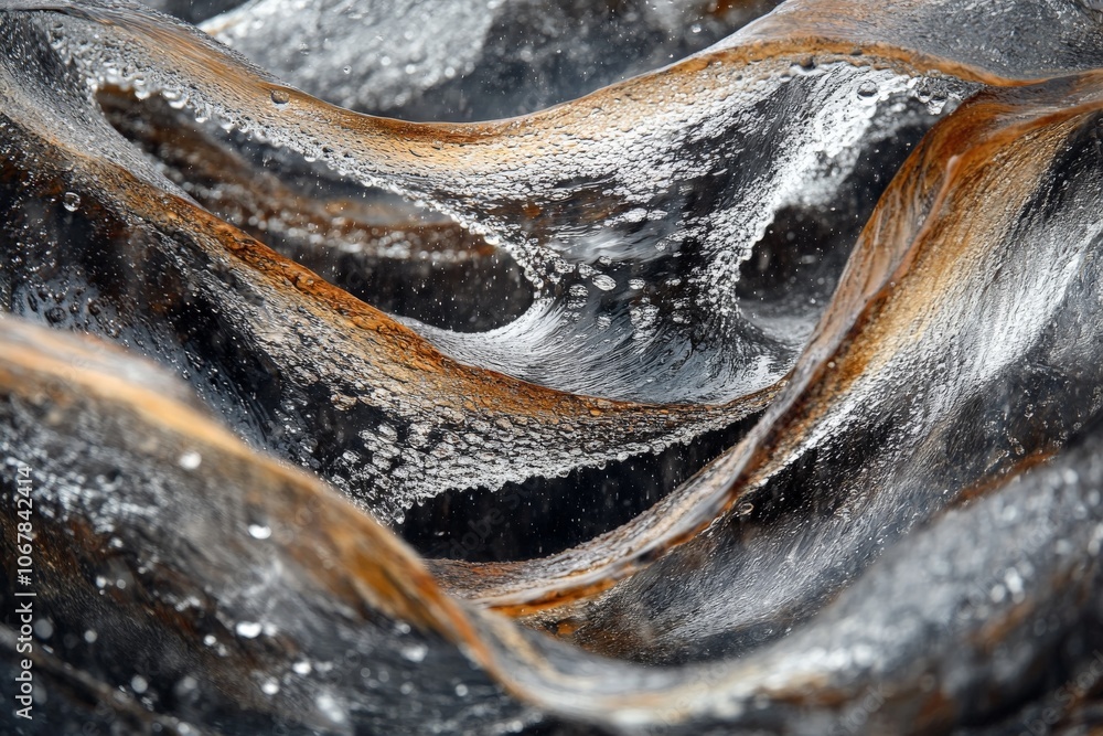 Aufkleber An abstract view of glass reveals dynamic textures and bubbles, creating an artistic representation of movement intermixed with metallic hues and reflections.