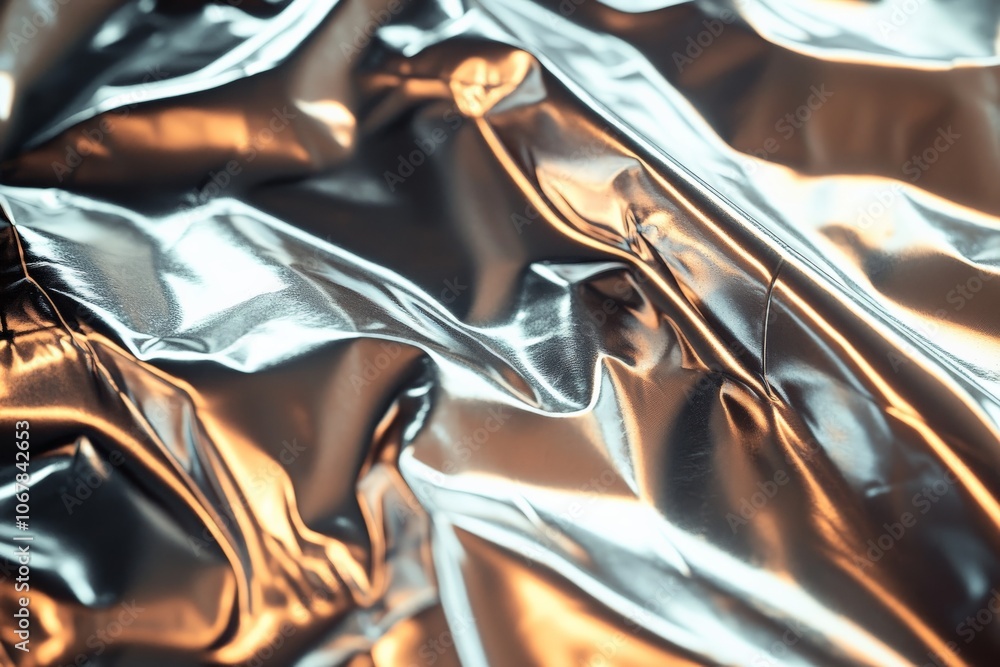 Poster an intriguing capture of crinkled metallic surface, showcasing shiny reflections and intricate patte
