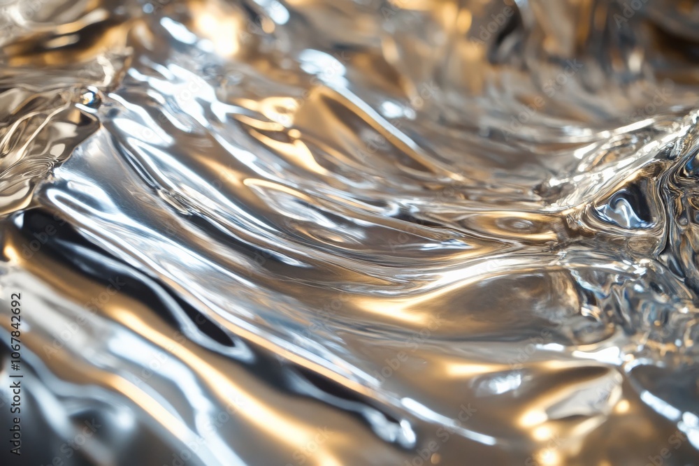 Poster Abstract liquid metal surface with captivating shimmering reflections, showcasing flowing curves and dynamic movements that capture light elegantly.