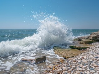 .A large wave is crashing on a rocky shore. - ai
