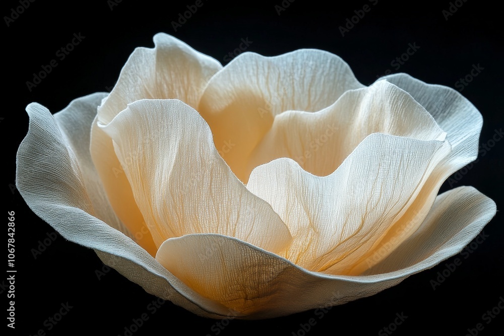 Poster a serene close-up of white petals, gracefully overlapping with a crepe-like texture, exuding purity 
