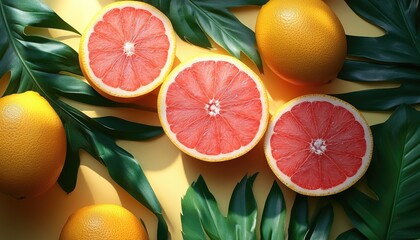 A photo of sliced grapefruits and lemons on green leaves. This photo is ideal for projects related to summer, freshness, and healthy eating.