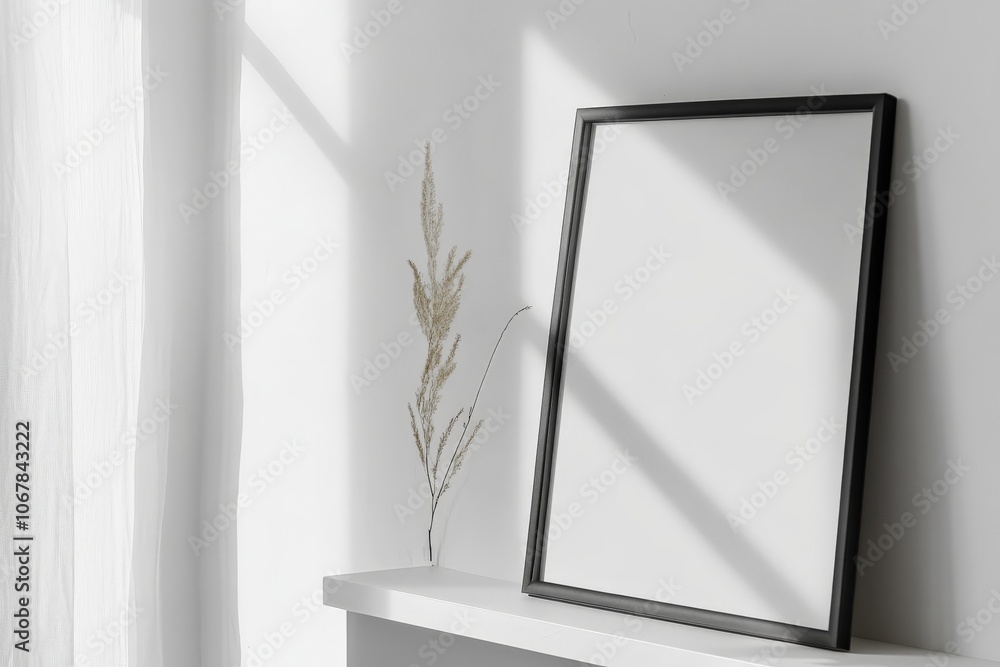 Poster a black empty frame placed on a shelf, with dynamic shadow play and a minimalist aesthetic, evoking 