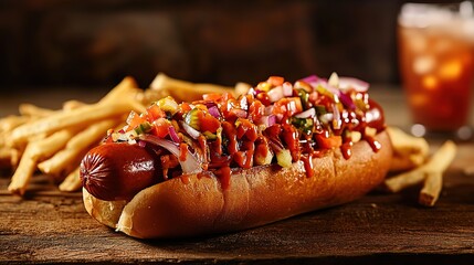A delicious hot dog topped with fresh ingredients and fries.