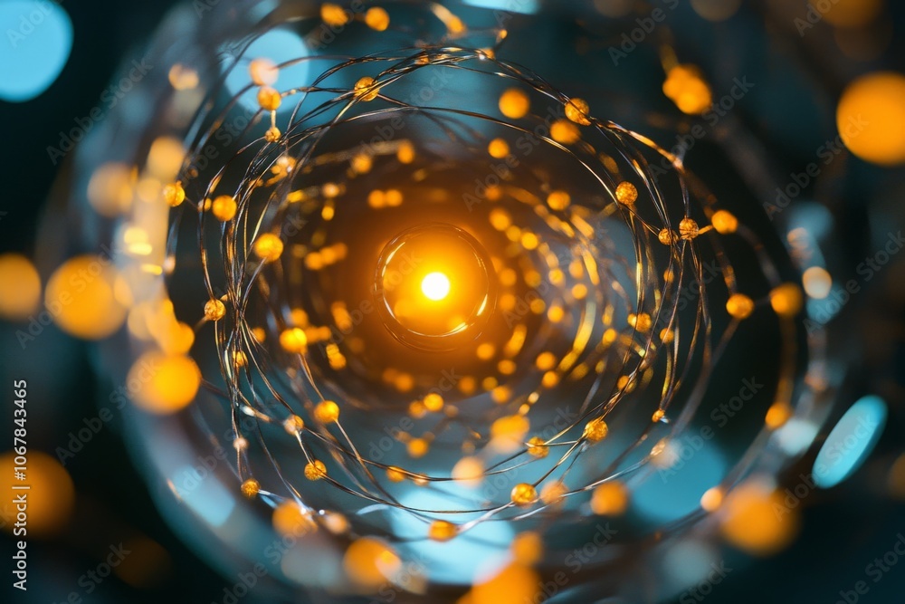 Poster an intricate spiral of glowing golden lights, captured in a mesmerizing abstract form, evokes a sens
