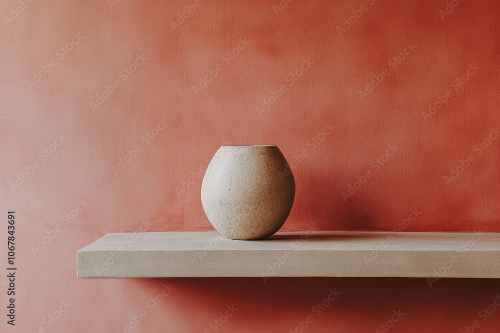 Poster An earthy stone vase is displayed on a minimalist shelf, set against a vibrant orange backdrop, creating a striking and bold visual statement.
