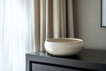 The sleek ceramic bowl, with elegantly curved edges, is displayed in a bright, modern interior, conveying a sense of minimalism, style, and sophistication.