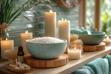 Elegant bathroom set with sea salt and essential oils, arranged with candles and towels, creating a soothing spa-like atmosphere with natural wellness products.
