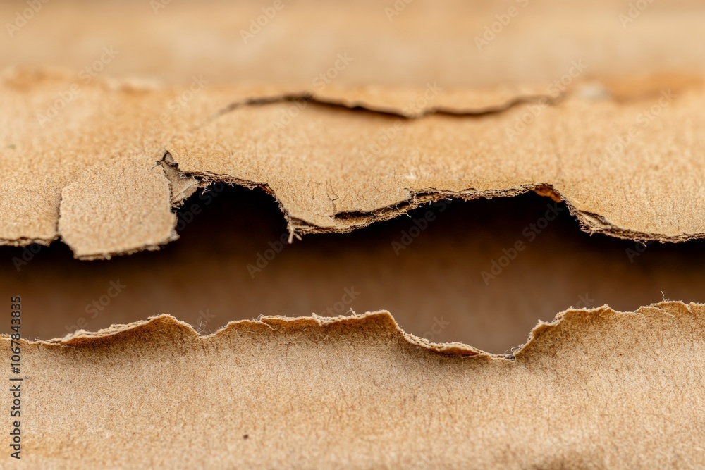 Aufkleber Zoomed-in view of rugged edges on brown paper showing the natural tearing process, emphasizing texture, abstract art and depth for a raw artistic statement.