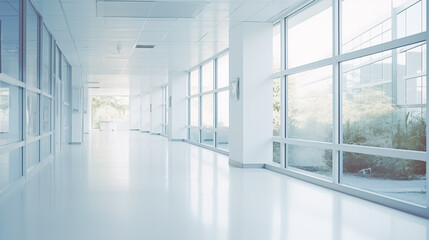 Fototapeta premium Bright Hospital Corridor with Large Windows and Minimalist Design 