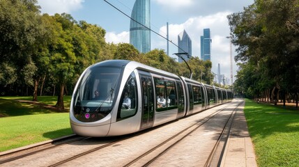 Naklejka premium Scenic train journey, modern passenger on railway tracks amidst picturesque countryside