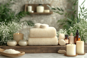 Elegant bathroom set with sea salt and essential oils, arranged with candles and towels, creating a soothing spa-like atmosphere with natural wellness products.
