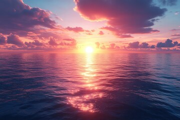 Obraz premium A beautiful sunset over calm ocean water. Perfect for designs about travel, peace, and relaxation.