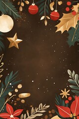 A craft brown background showcasing a lovely Christmas greeting card adorned with festive decorations, providing ample space for text.