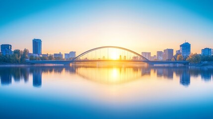 Obraz premium Golden sunset over city waterfront, tranquil harbor at dusk with stunning skyline reflections