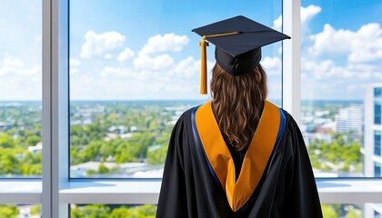 Graduate in cap and gown, standing in front of a large window with sunlight streaming in, capturing a serene and hopeful moment, high resolution 8K