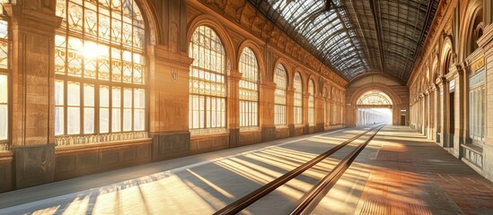 Sunbeams stream through arched windows in a train station, highlighting a long, empty track leading to a bright light.