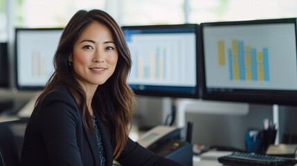 Fototapeta premium Data analyst concept: A professional woman sits confidently at her desk with multiple monitors displaying charts, symbolizing data analysis and business intelligence.