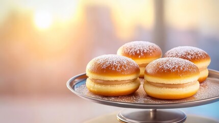Four glazed donuts on a silver platter, delicious sweet treat for dessert or breakfast