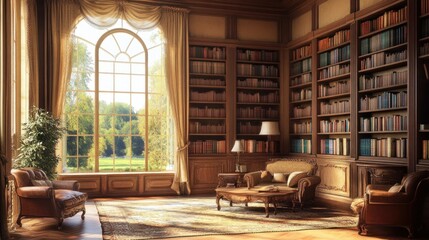 A sunlit library with floor-to-ceiling bookshelves, two leather armchairs, a coffee table, and a large arched window overlooking a garden.