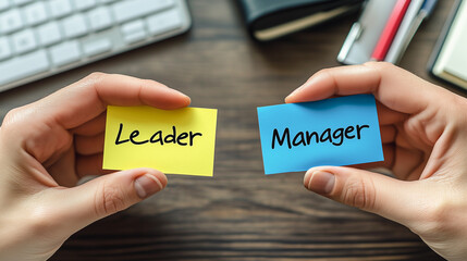 Leadership vs management concept: Two hands hold sticky notes labeled "Leader" and "Manager," symbolizing the comparison between leadership and managerial roles.