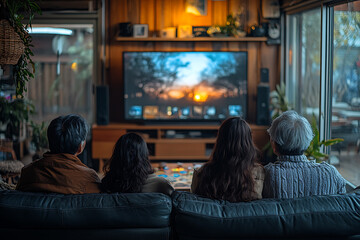 A family spending quality time together in a cozy living room, gathered around the TV or playing a board game, enjoying a warm and relaxing evening.
