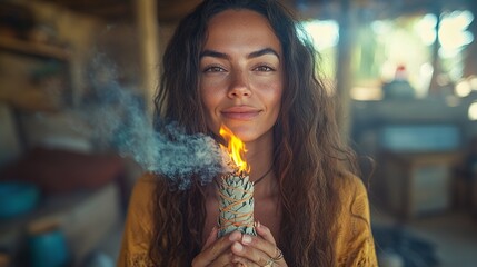 Woman Smudging with Sage