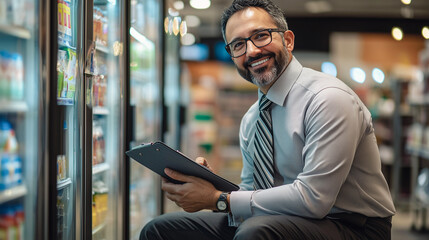 Store manager concept: A cheerful professional in a tie holds a tablet while inspecting products in a refrigerated aisle, symbolizing inventory management and retail operations.