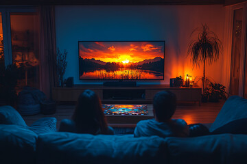 A family spending quality time together in a cozy living room, gathered around the TV or playing a board game, enjoying a warm and relaxing evening.
