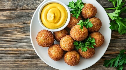 Delicious golden fried balls served with mustard sauce on a white plate, garnished with fresh parsley