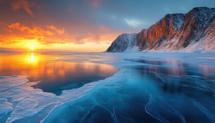 Fototapeta premium Frozen lake at sunset with mountains. This image can be used to represent tranquility, winter landscapes, or the beauty of nature.