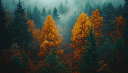 A misty forest with vibrant fall colors. Perfect for illustrating themes of mystery, nature, and the changing seasons.