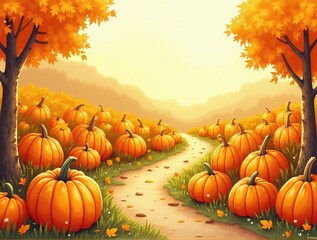 Whimsical Thanksgiving Pumpkin Patch Illustration: Storybook-Inspired Watercolor Scene with Vibrant Autumn Colors. Charming Pathway Through Diverse Pumpkins and Fall Foliage with Magical Morning Dew