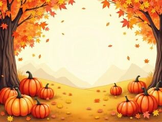 Whimsical Thanksgiving Pumpkin Patch Illustration: Storybook-Inspired Watercolor Scene with Vibrant Autumn Colors. Charming Pathway Through Diverse Pumpkins and Fall Foliage with Magical Morning Dew