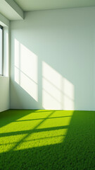 sunlight streams through a window onto a green carpet a white room