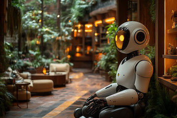 Futuristic scene featuring artificial intelligence, robot assistant, and smart devices in a modern high-tech environment, highlighting advanced AI technology and innovation.
