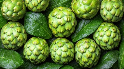 Fototapeta premium Fresh green artichokes arranged on leaves.