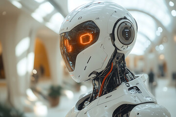 Fototapeta premium Futuristic scene featuring artificial intelligence, robot assistant, and smart devices in a modern high-tech environment, highlighting advanced AI technology and innovation. 