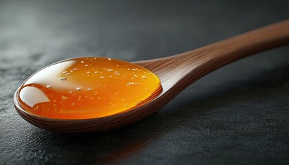 Honey in wooden spoon on black background. Perfect for food, drink, or health related projects.