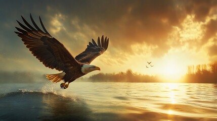 A bald eagle soars above a misty lake at sunrise, its powerful wings outstretched, with two smaller birds in the distance.