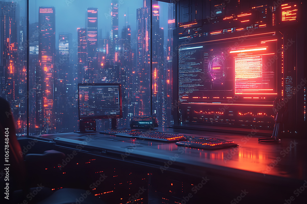 Poster futuristic scene featuring artificial intelligence, robot assistant, and smart devices in a modern h
