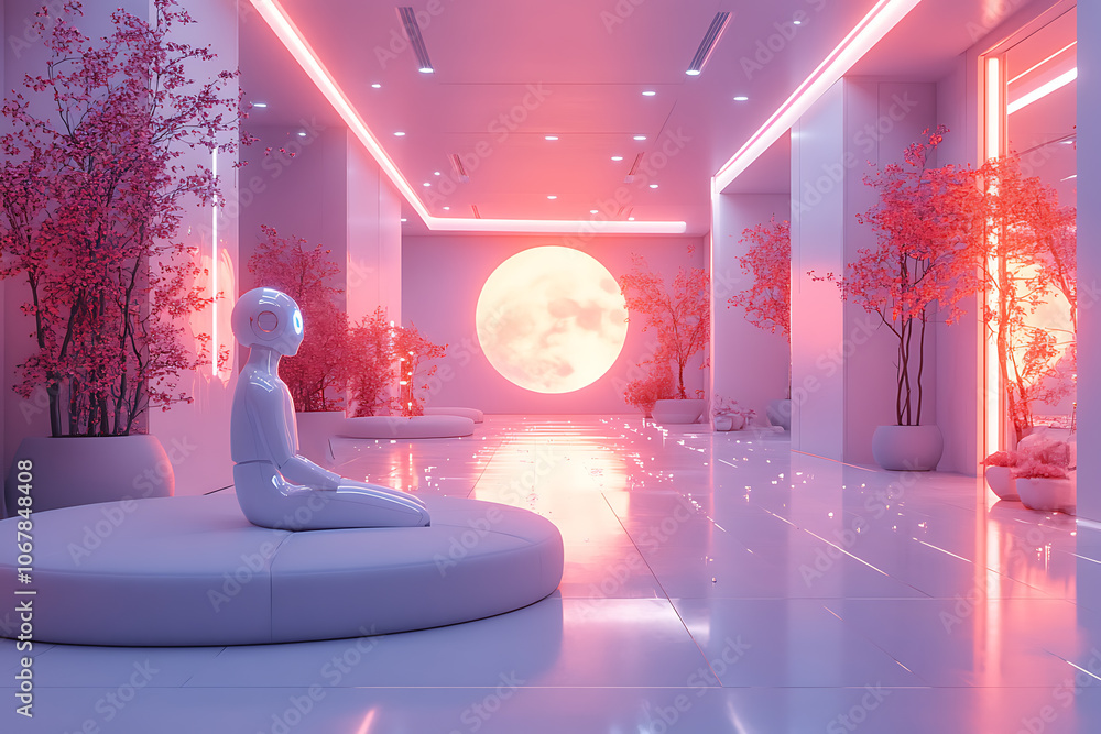 Poster futuristic scene featuring artificial intelligence, robot assistant, and smart devices in a modern h