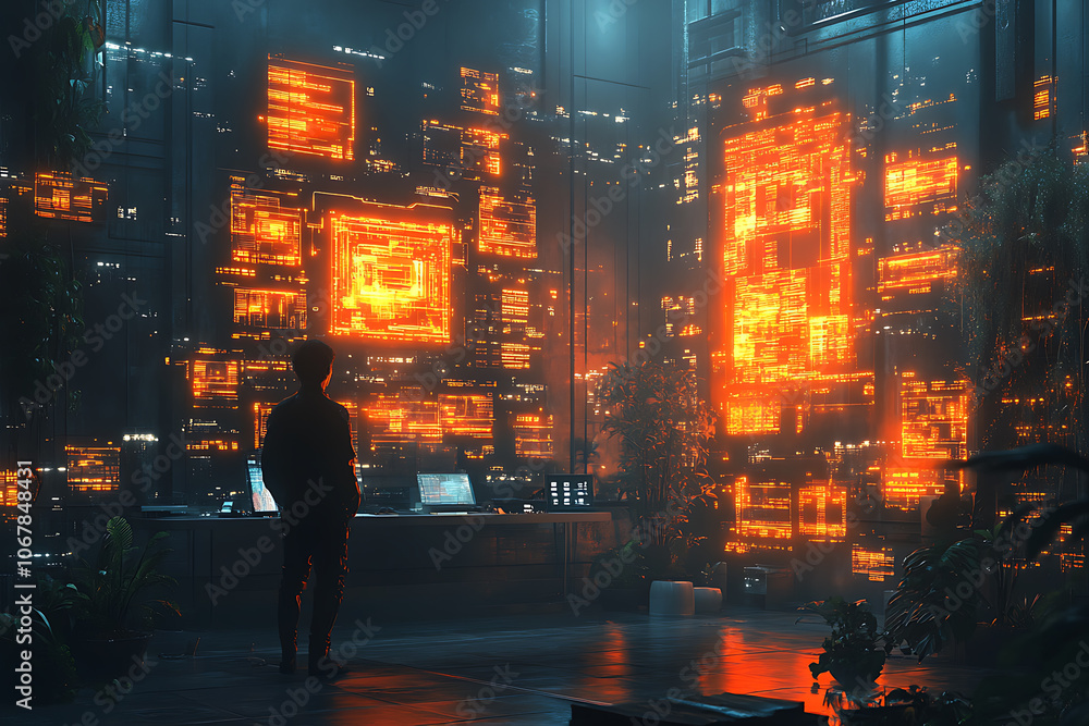Poster futuristic scene featuring artificial intelligence, robot assistant, and smart devices in a modern h