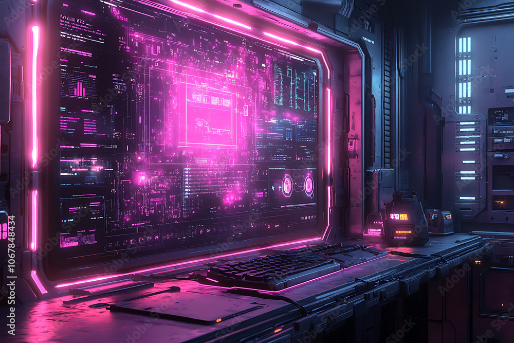 Poster futuristic scene featuring artificial intelligence, robot assistant, and smart devices in a modern h