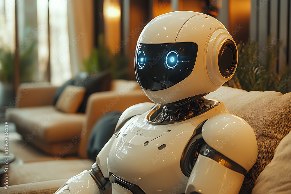 Poster futuristic scene featuring artificial intelligence, robot assistant, and smart devices in a modern h