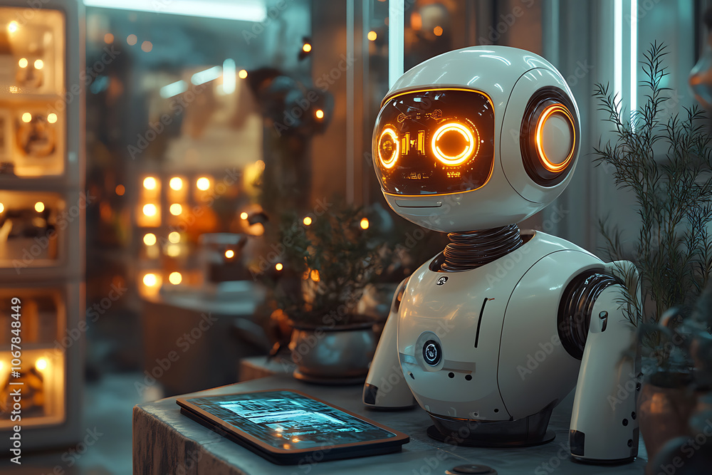 Poster futuristic scene featuring artificial intelligence, robot assistant, and smart devices in a modern h