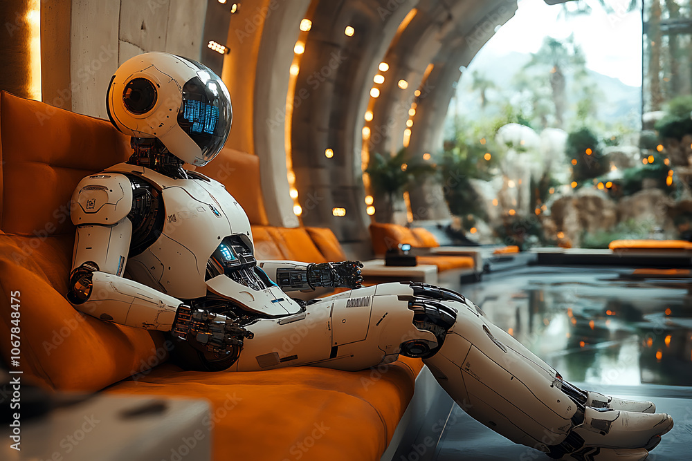 Poster futuristic scene featuring artificial intelligence, robot assistant, and smart devices in a modern h