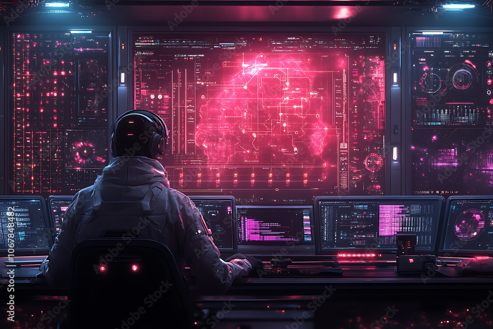 Poster futuristic scene featuring artificial intelligence, robot assistant, and smart devices in a modern h