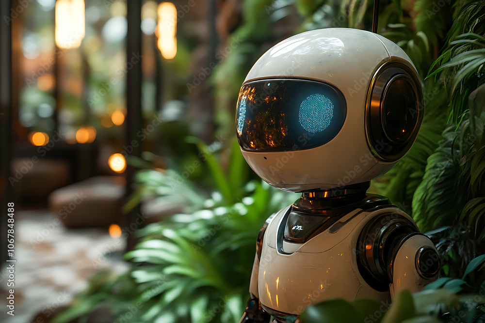 Poster futuristic scene featuring artificial intelligence, robot assistant, and smart devices in a modern h